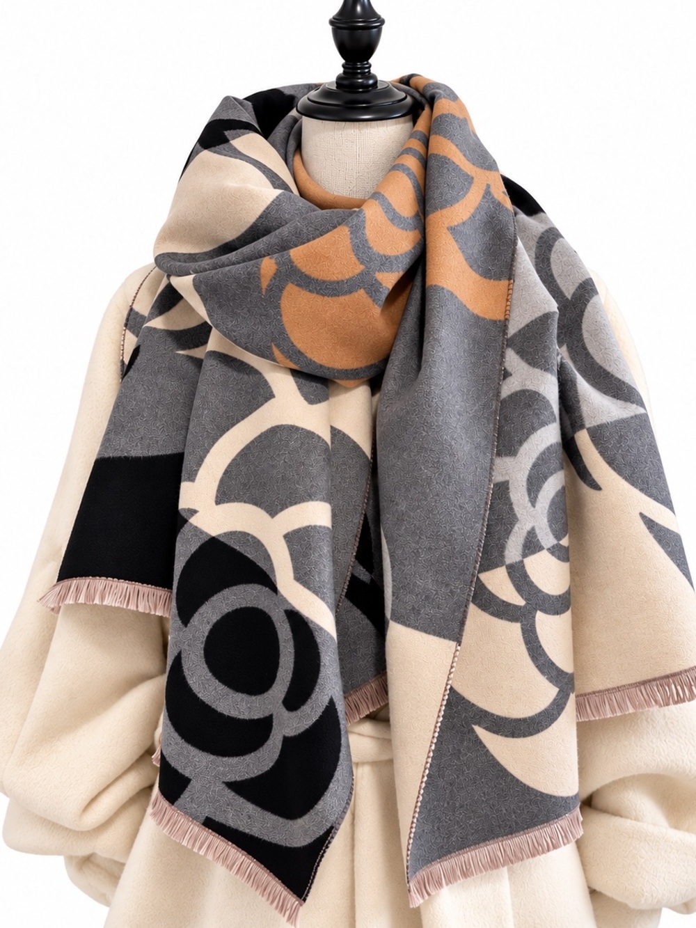 Elegant Multicolor Floral Scarf - Gray/Beige/Black/Tan
